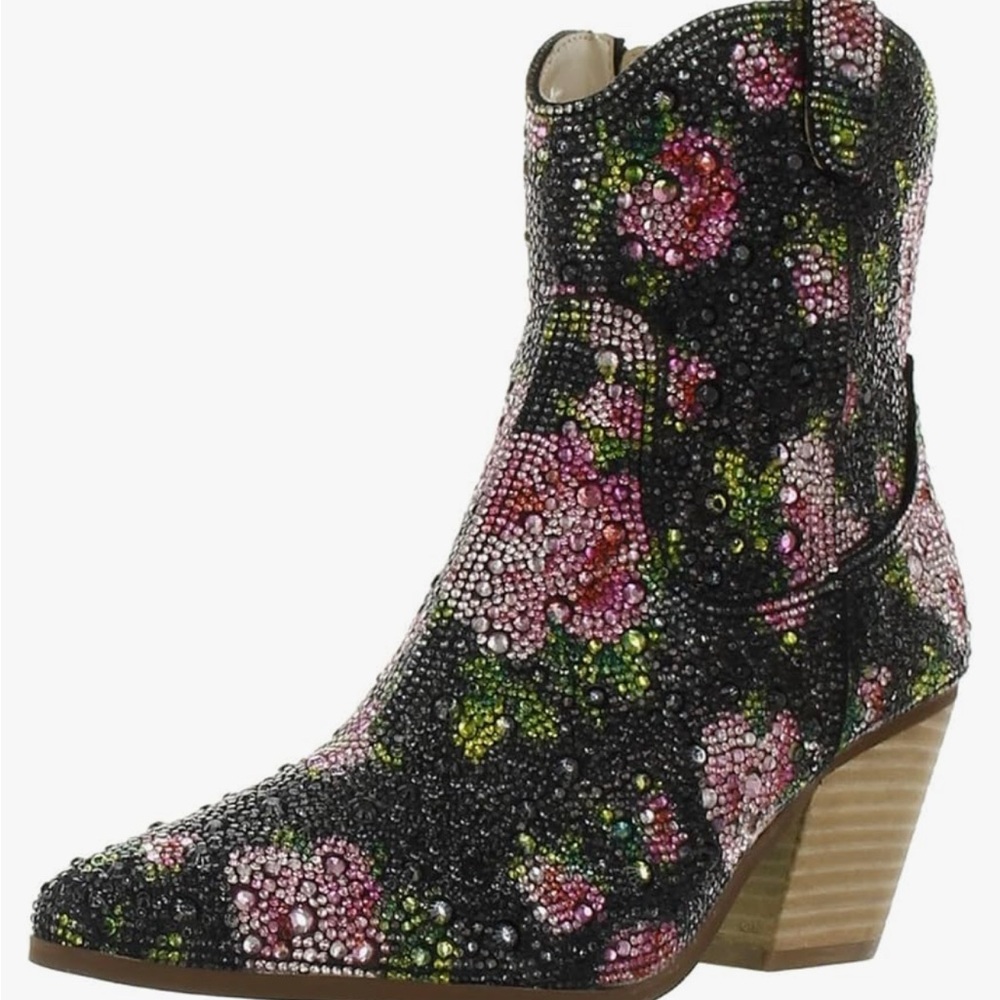 Betsey Johnson rhinestone Black and Pink Floral Ankle Booties